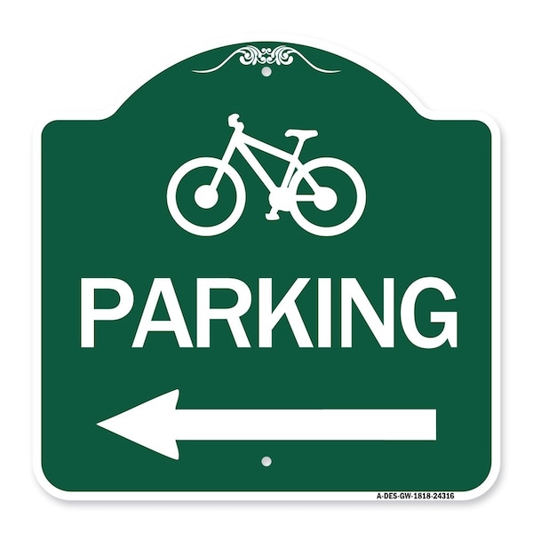 BicycleParking Left Arrow, Green & White Aluminum Architectural Sign, 18" x 18", GW-1818-24316